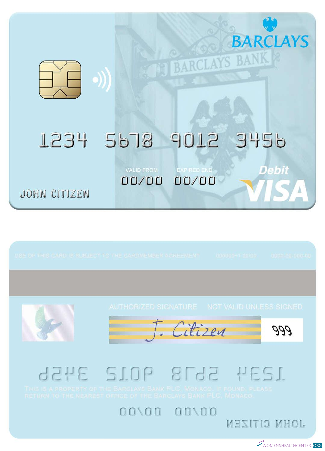 Download Monaco Barclays Bank PLC visa debit card Photoshop template